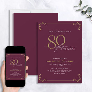 Surprise 80 & Fabulous Burgundy & Gold Birthday Invitation