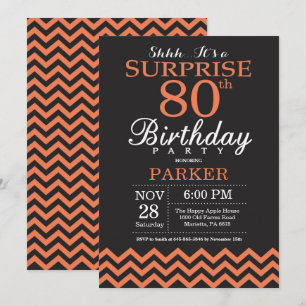 Surprise 80th Birthday Black and Coral Chevron Invitation