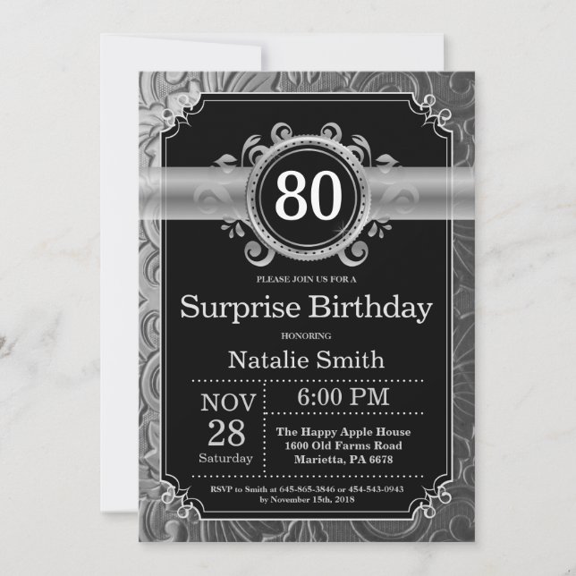 Surprise 80th Birthday Black and Silver Glitter Invitation (Front)