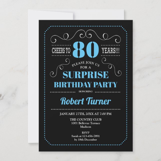 Surprise 80th Birthday - Black Blue Invitation (Front)