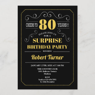 Surprise 80th Birthday - Black Gold Invitation