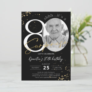 Surprise 80th Birthday Black Gold Photo Invitation
