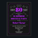 Surprise 80th Birthday - Black Purple Invitation<br><div class="desc">Surprise 80th Birthday Invitation.
Elegant retro chalkboard black,  purple and white design. Cheers to 80 years! Can be customised to show any age!</div>