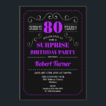 Surprise 80th Birthday - Black Purple Invitation<br><div class="desc">Surprise 80th Birthday Invitation.
Elegant retro chalkboard black,  purple and white design. Cheers to 80 years! Can be customised to show any age!</div>