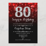 Surprise 80th Birthday - Black Red Silver Invitation<br><div class="desc">Surprise 80th Birthday Invitation.
Elegant black red design with faux glitter silver. Adult birthday. Features diamonds,  bokeh lights and script font. Men or women bday invite.  Perfect for a stylish birthday party. Message me if you need further customisation.</div>