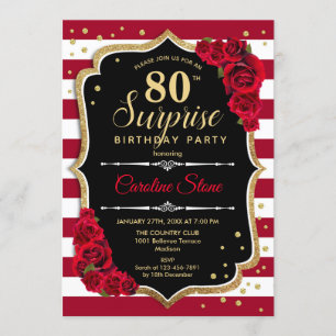 Surprise 80th Birthday - Black White Red Invitation