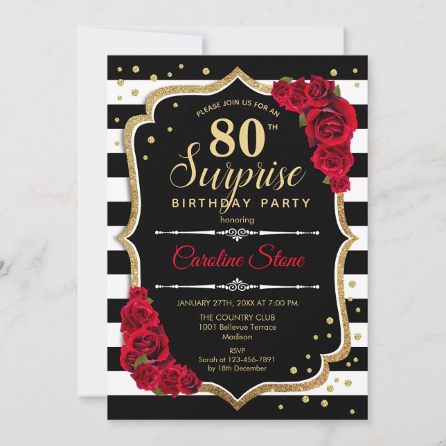 Surprise 80th Birthday - Black White Red Invitation (Front)