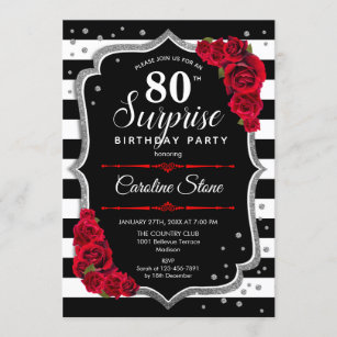 Surprise 80th Birthday - Black White Red Invitation