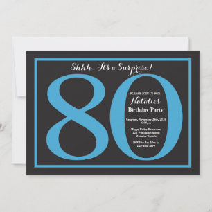 Surprise 80th Birthday Blue and Black Chalkboard Invitation