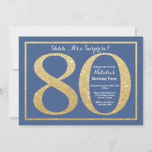Surprise 80th Birthday Blue and Gold Glitter Invitation