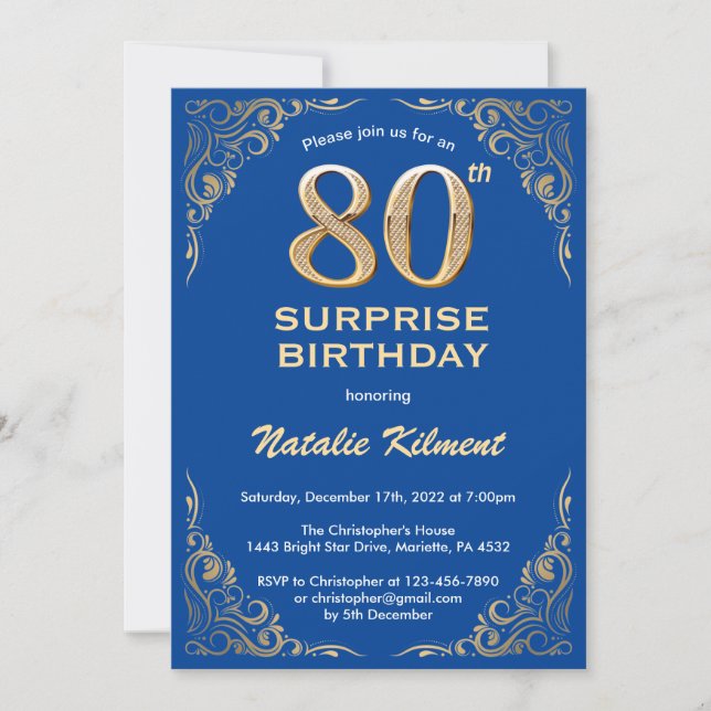 Surprise 80th Birthday Blue and Gold Glitter Invitation (Front)
