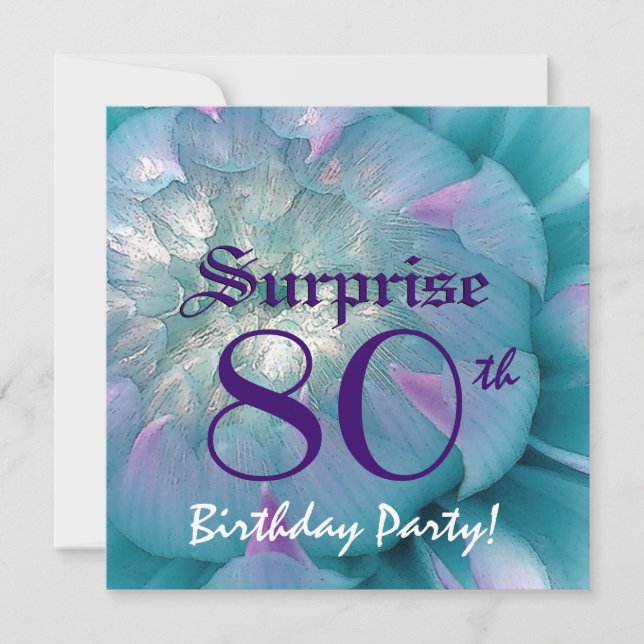 SURPRISE 80th Birthday Blue and Purple Dahlia W078 Invitation (Front)