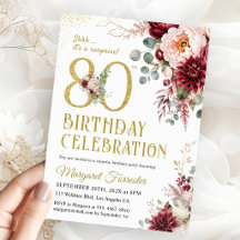 Surprise 80th Birthday Burgundy Gold Blush Floral 