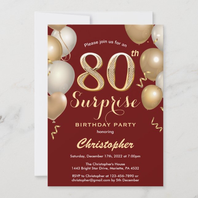 Surprise 80th Birthday Dark Red and Gold Balloons Invitation (Front)