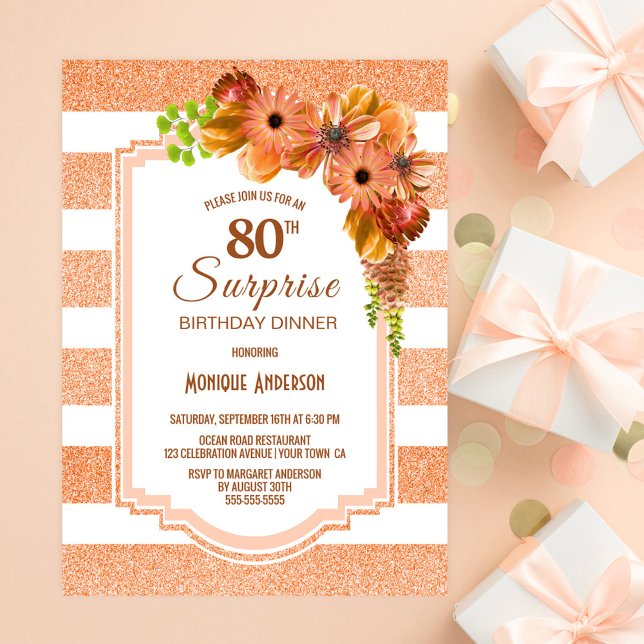 Surprise 80th Birthday Dinner Apricot Floral Party Invitation (Creator Uploaded)