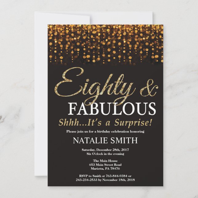Surprise 80th Birthday Eighty and Fabulous Gold Invitation (Front)