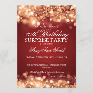 Surprise 80th Birthday Gold & Red Sparkling Lights Invitation