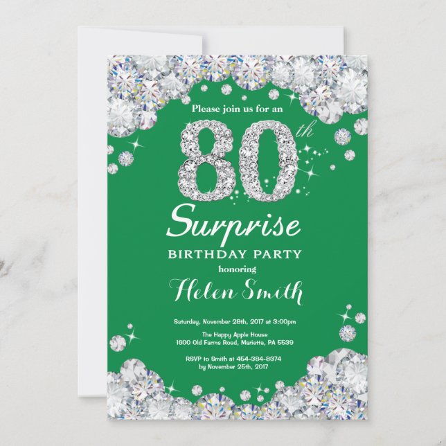 Surprise 80th Birthday Green and Silver Diamond Invitation (Front)