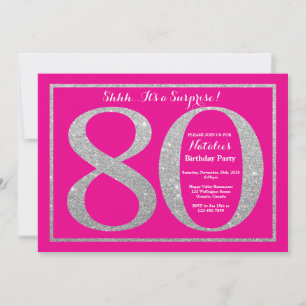 Surprise 80th Birthday Hot Pink and Silver Glitter Invitation