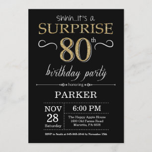 Surprise 80th Birthday Invitation Black and Gold