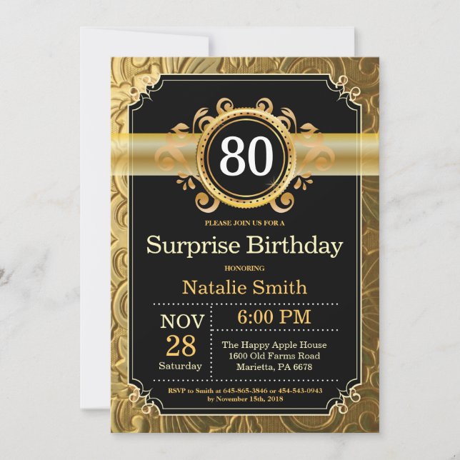 Surprise 80th Birthday Invitation Black and Gold (Front)