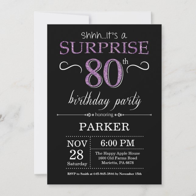 Surprise 80th Birthday Invitation Black and Purple (Front)