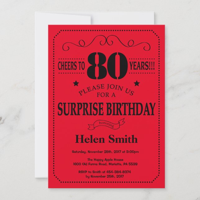 Surprise 80th Birthday Invitation Black and Red (Front)