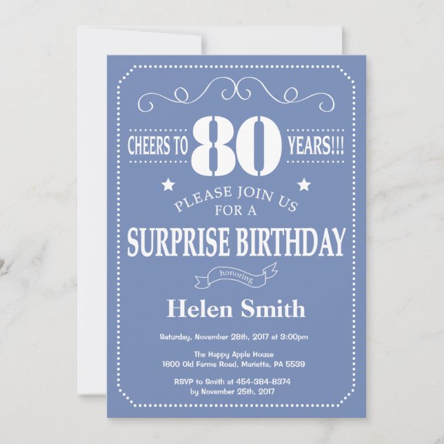 Surprise 80th Birthday Invitation Blue and White (Front)