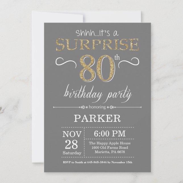 Surprise 80th Birthday Invitation Grey and Gold (Front)