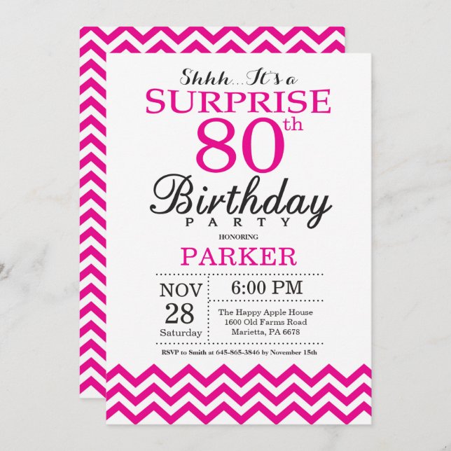 Surprise 80th Birthday Invitation Hot Pink Chevron (Front/Back)