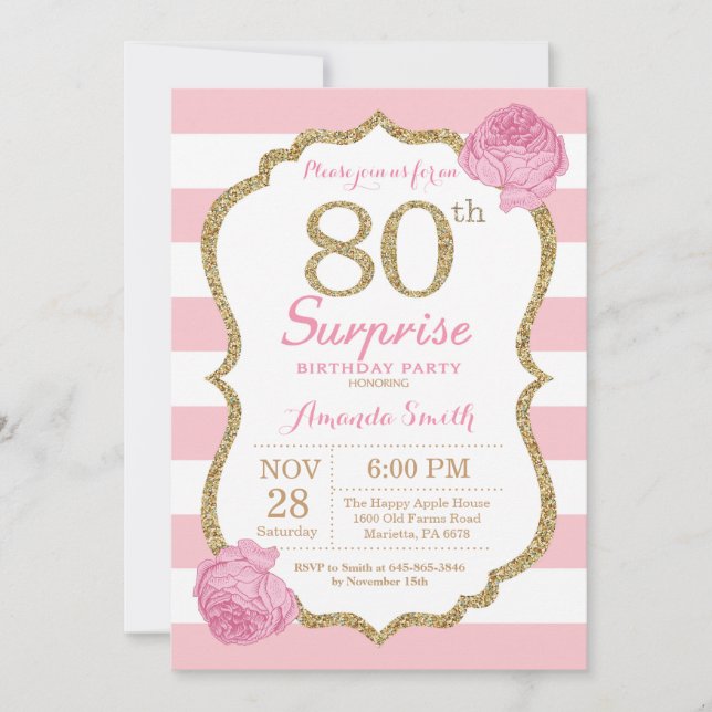 Surprise 80th Birthday Invitation Pink and Gold (Front)