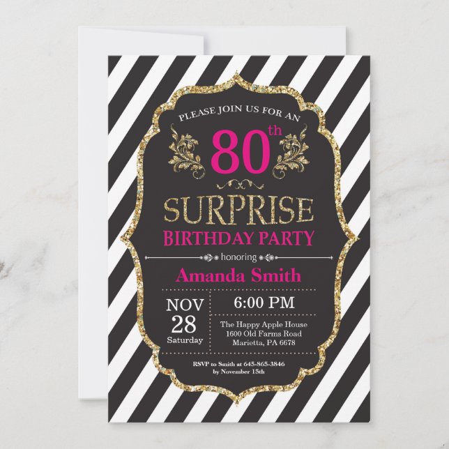 Surprise 80th Birthday Invitation Pink Black Gold (Front)