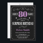 Surprise 80th Birthday Invitation Purple and Black<br><div class="desc">Surprise 80th Birthday Invitation Purple and Black Typography. Chalkboard. Black and White Background. Adult Birthday. Male Men or Women Birthday. Kids Boy or Girl Lady Teen Teenage Bday Invite. 13th 15th 16th 18th 20th 21st 30th 40th 50th 60th 70th 80th 90th 100th. Any Age. For further customisation, please click the...</div>