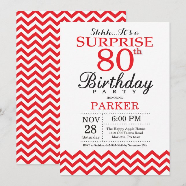 Surprise 80th Birthday Invitation Red Chevron (Front/Back)