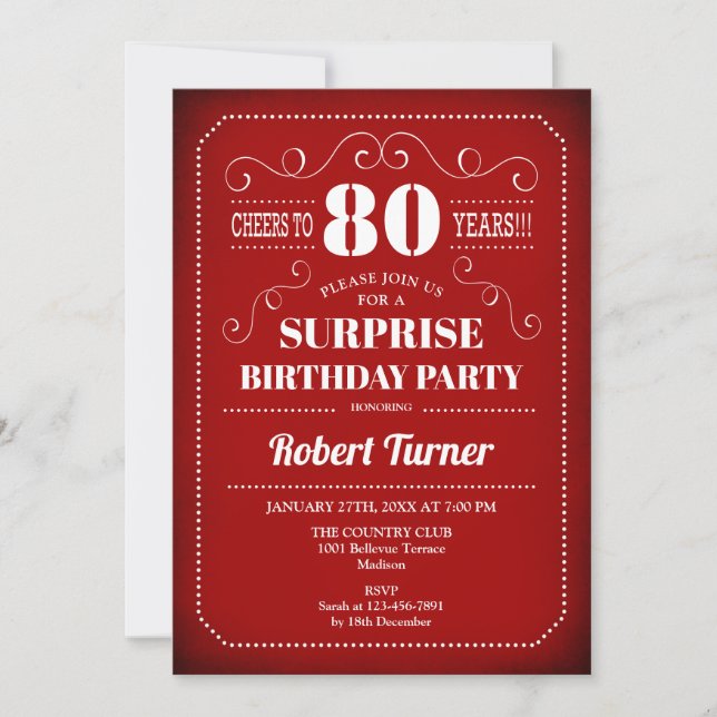 Surprise 80th Birthday Invitation - Red White (Front)