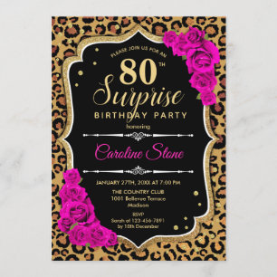 Surprise 80th Birthday - Leopard Black Gold Pink Invitation