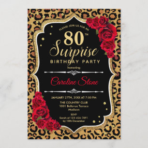 Surprise 80th Birthday - Leopard Black Gold Red Invitation
