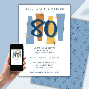 Surprise 80th Birthday Midcentury Modern Blue Invitation