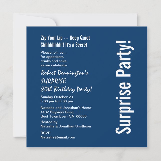 SURPRISE 80th Birthday Modern Navy Blue White W092 Invitation (Front)