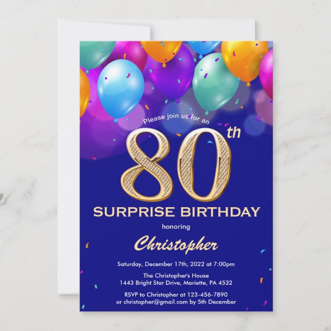Surprise 80th Birthday Navy Blue and Gold Balloons Invitation (Front)