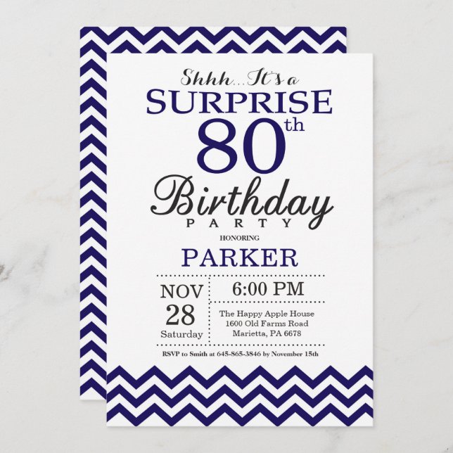 Surprise 80th Birthday Navy Blue Chevron Invitation (Front/Back)