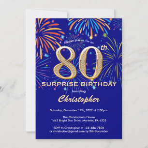 Surprise 80th Birthday Navy Blue & Gold Firework Invitation