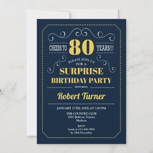 Surprise 80th Birthday - Navy Blue Gold Invitation (Front)
