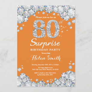 Surprise 80th Birthday Orange and Silver Diamond Invitation