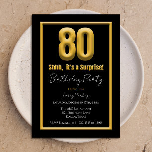Surprise 80th Birthday Party 80 Gold and Black Invitation
