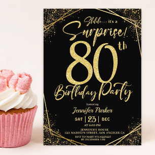 Surprise 80th Birthday Party Black & Gold Glitter Invitation