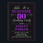 Surprise 80th Birthday Party - Black Purple Invitation<br><div class="desc">Surprise 80th Birthday Party Invitation.
Simple classy design in black purple and white. Features an elegant script font. Surprise bday celebration for man or woman. Can be customised into any age!</div>