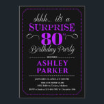 Surprise 80th Birthday Party - Black Purple Invitation<br><div class="desc">Surprise 80th Birthday Party Invitation.
Simple classy design in black purple and white. Features an elegant script font. Surprise bday celebration for man or woman. Can be customised into any age!</div>