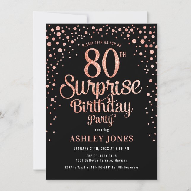Surprise 80th Birthday Party - Black & Rose Gold Invitation (Front)