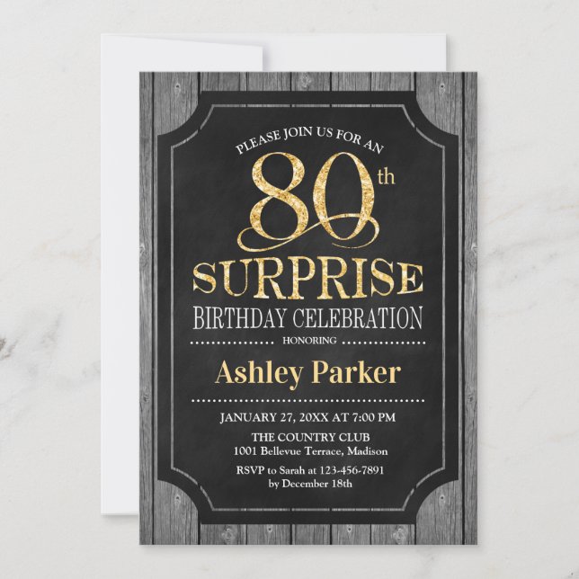 Surprise 80th Birthday Party - Chalkboard Gold Invitation (Front)